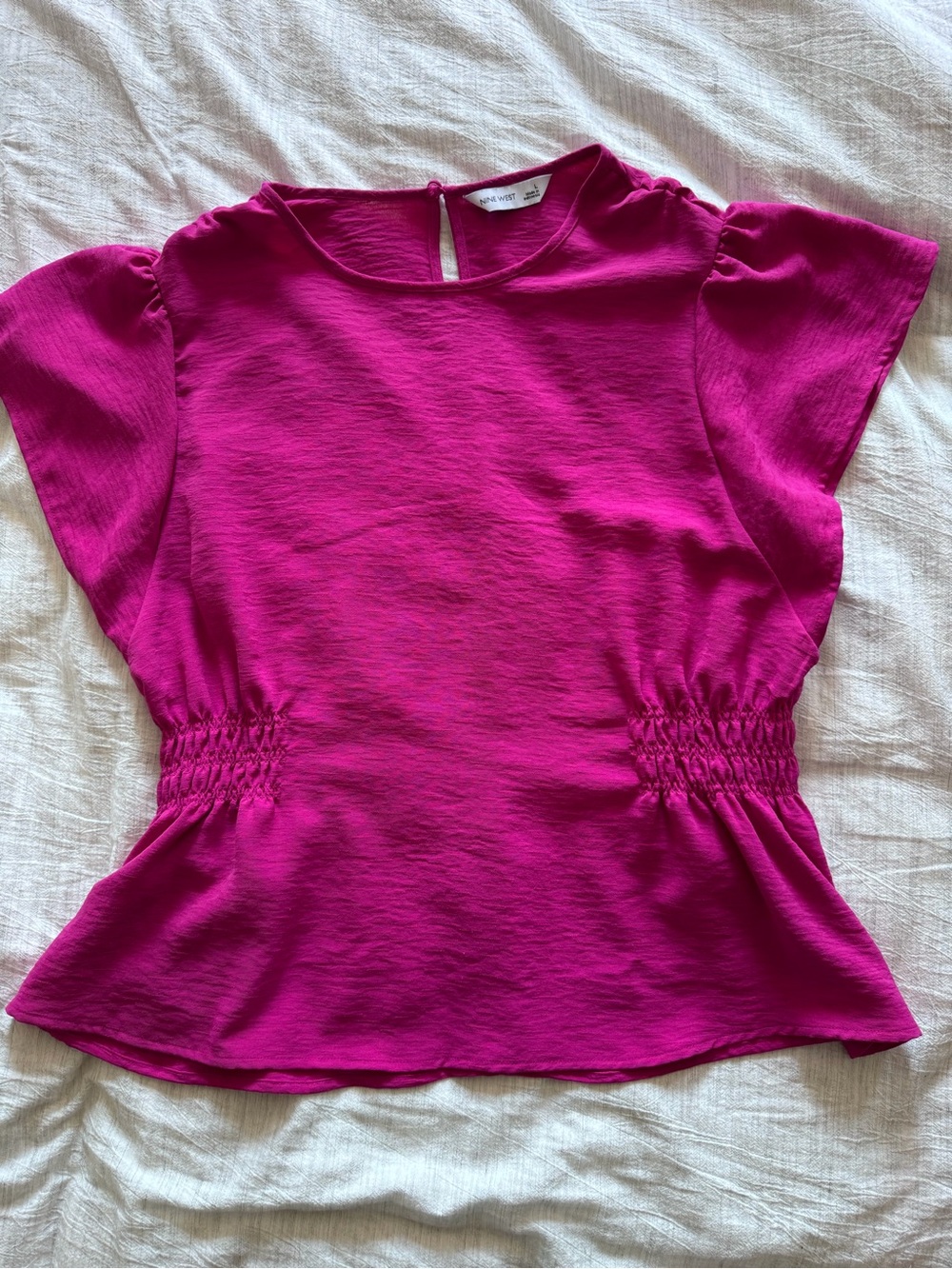 Nine West Fuchsia Smocked-Waist Flutter Sleeve Blouse